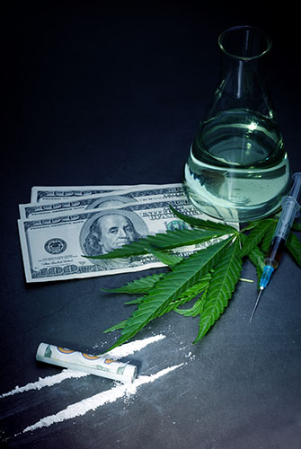 Beaker, drugs, marijuana and cash representing Drug Possession